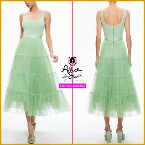 Alice + Olivia Chara Scoop Neck Green Tulle Midi Dress